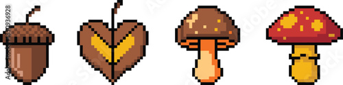 Pixel art autumn nature icons set featuring acorn leaf mushrooms forest elements retro game style vector illustration
