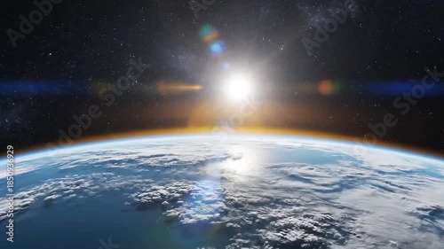 Wide shot of the earth from space sun rising on the left side starry sky blue and yellow tones.