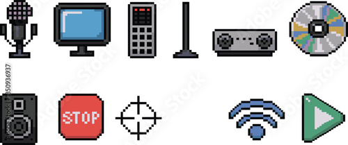 Pixel art media technology icons set, retro audio video devices controls symbols for game interface isolated on white background