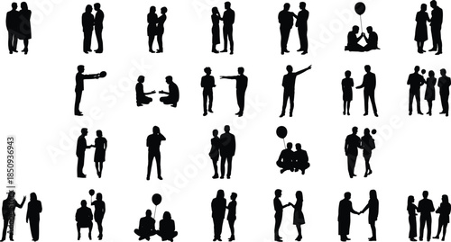 People silhouette interaction poses set featuring couples families children communication lifestyle social scenes black illustration collection