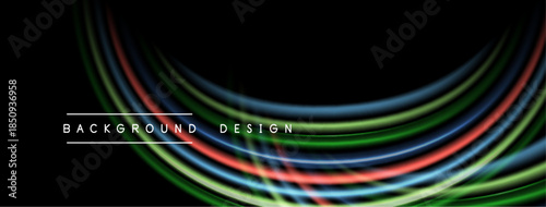 Abstract colorful lines curve across black background. Design elements suggest movement, energy, modern aesthetic. Simple text labels bottom center.