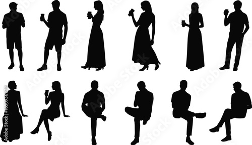 People holding coffee silhouettes set, men women standing sitting drinking beverage, casual lifestyle poses isolated on white background vector