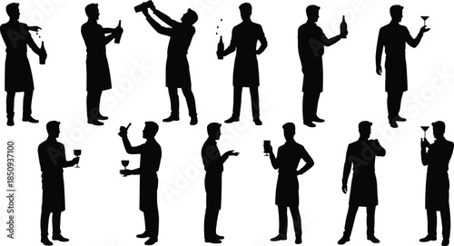 Bartender silhouette cocktail making poses set featuring professional barman shaking pouring serving drinks bar illustration collection