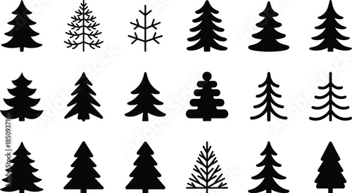 Pine tree silhouettes collection, evergreen forest icons set, nature botanical shapes isolated on white background vector illustration design