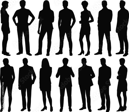 Business people silhouette standing poses set featuring men women professionals corporate office lifestyle illustration collection