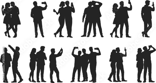 People taking selfies silhouettes set, friends couples posing with smartphones, social media photography moments isolated on white background vector