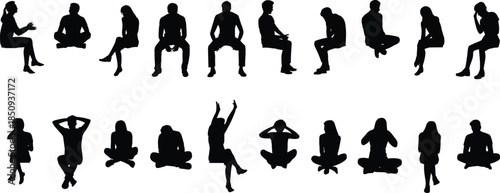 People sitting silhouette set, men and women seated thinking relaxing talking poses, casual lifestyle concept, black human figures icons
