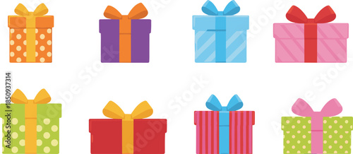 Colorful, gift, boxes, with, ribbons, bows, polka, stripes, patterns, celebration, holiday, packaging, present, wrapping, decorative, design, vector, illustration, festive, icon