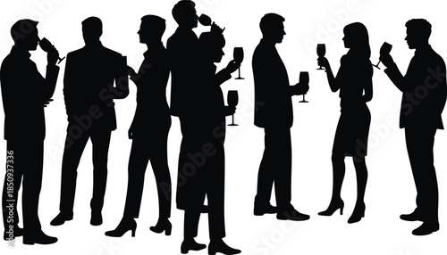 People silhouette drinking wine poses set featuring men women social party celebration bar lifestyle illustration collection