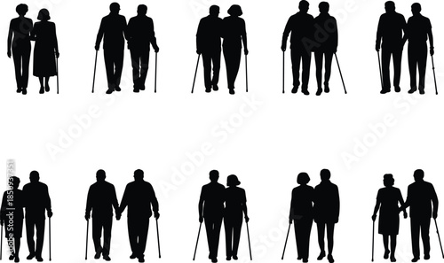 Elderly couples walking with canes silhouette set, senior companionship, aging support, retirement lifestyle, healthcare concept illustration isolated white background