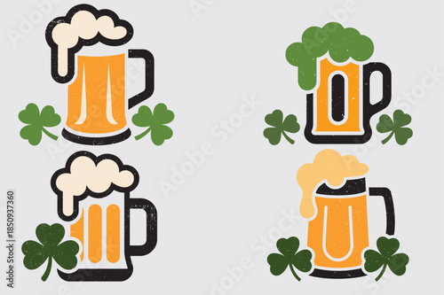 St Patrick’s Day beer mugs with shamrocks – vintage flat illustration