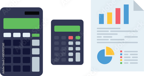 Financial calculator and analytics report illustration, accounting, business finance analysis, budgeting, statistics, investment planning concept isolated white background