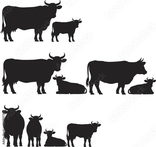Cow and calf silhouettes collection, farm animal set isolated on white background agriculture livestock breeding dairy ranch concept
