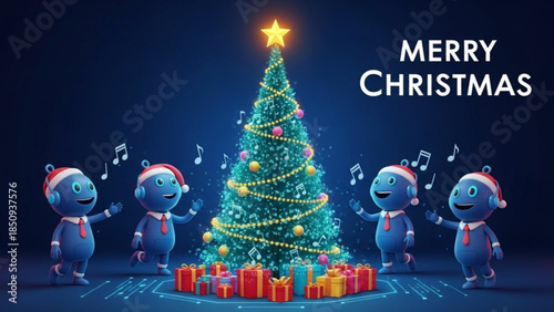 Blue Robots Singing Christmas Carols Around Decorated Tree with Gifts Digital Illustration