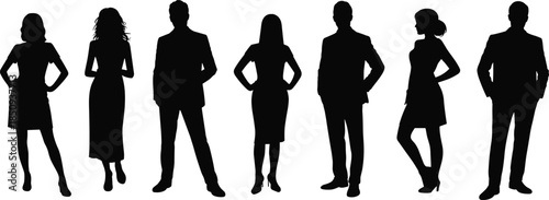 Business people silhouettes set, men women standing confident poses, professional corporate team figures isolated on white background vector illustration