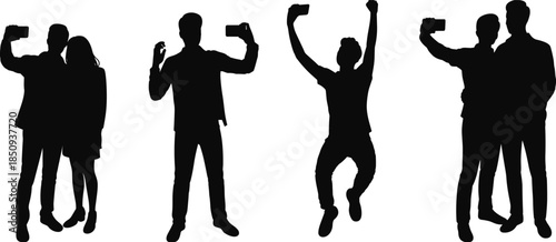 people taking selfies silhouette, smartphone photography, social media lifestyle, friendship moments, mobile phone addiction, modern communication concept illustration, flat vector