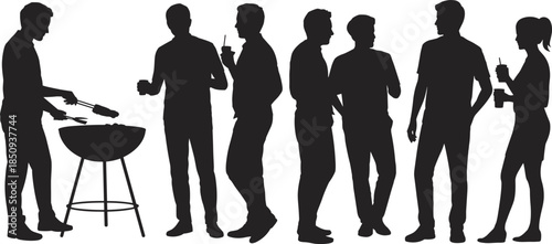 Group of people silhouettes enjoying outdoor barbecue party, social gathering with friends, casual lifestyle scene isolated on white background