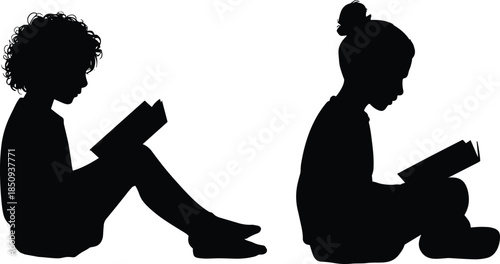 Children reading books silhouettes, kids sitting and studying, education concept, black shadow figures isolated on white background design