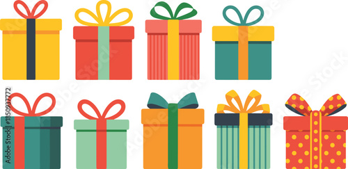 Christmas gift box icons, colorful wrapping styles, festive ribbon bows, holiday present vector, celebration packaging, seasonal decoration, flat illustration set