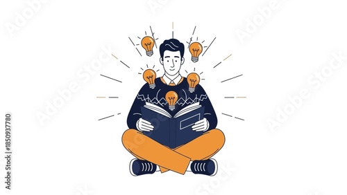 Creative person sitting cross-legged with multiple glowing light bulbs representing ideas and