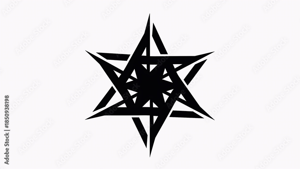 Fototapeta premium A complex geometric star logo with sharp lines and symmetrical design, representing strength, mystery, balance, and futuristic abstract branding concepts.