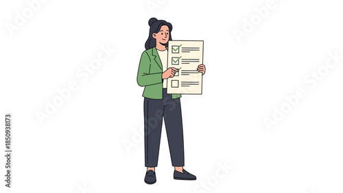 illustration of a woman holding a checklist with multiple completed tasks and one pending on a