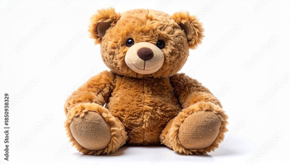 Fototapeta premium Light brown plush teddy bear with darker brown nose and paw pads sitting upright on white background.