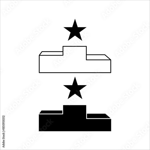 First place award in the competition, pedestal outline icons. Line signs sports podium with five-pointed shining star rays. Vector isolated pictograms for web on white background editable stroke.
