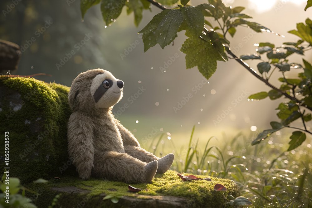 Fototapeta premium Weighted Sloth Plush Garden Moss Stone Calm Nature Therapy Stuffed Animal