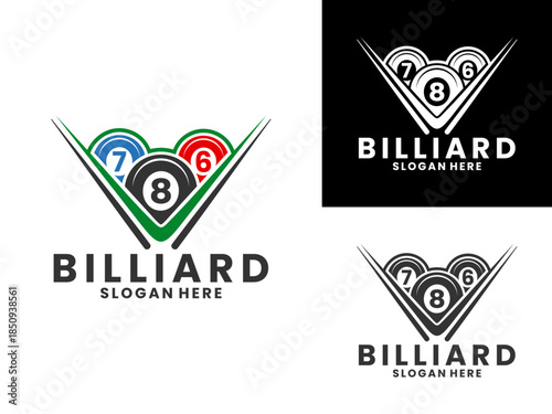 Billiard ball with billiard stick logo design vector template, Billiards logo design vector icon