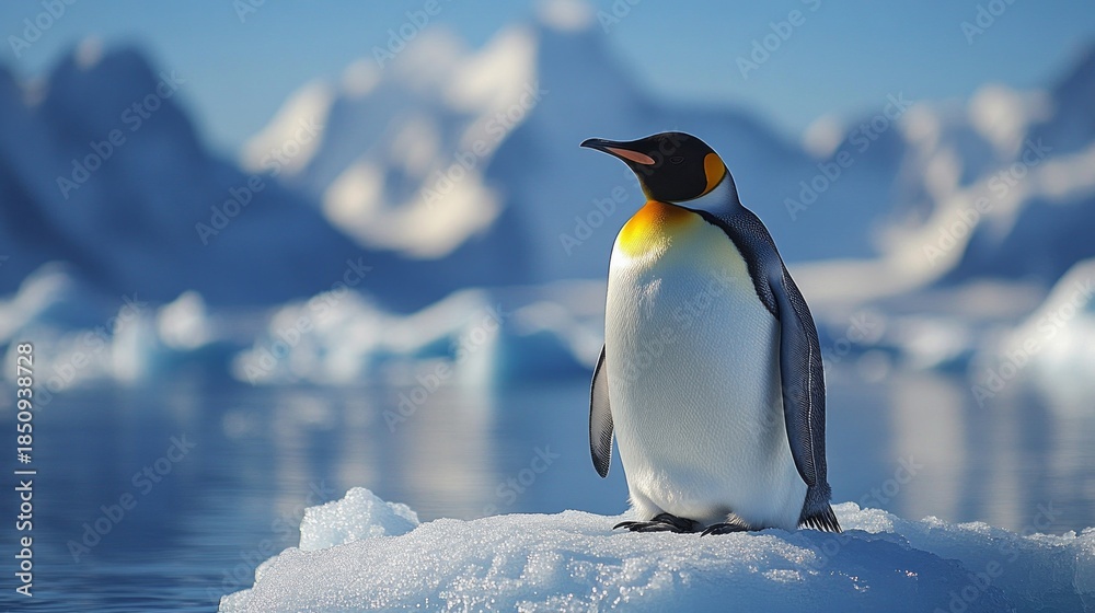 Fototapeta premium A lone penguin on an ice floe amid melting icebergs highlights the climate crisis — a powerful backdrop for environmental campaigns and calls for nature conservation.