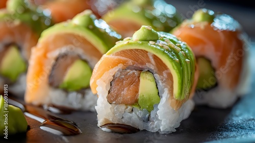 Delicious sushi rolls featuring fresh salmon, avocado, and a touch of wasabi.
