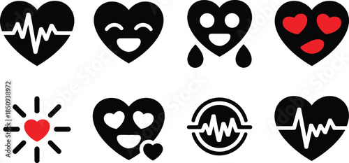 Heart icons with heartbeat and emotional faces symbol