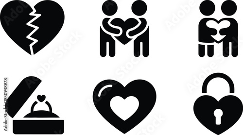 Love and Relationship Icons Set heart broken heart