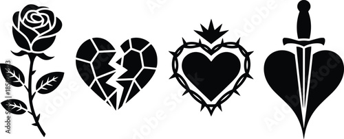 Rose, Broken Heart, Sacred Heart, and Sword Iconography