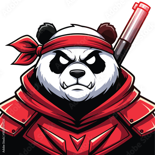 Strong Panda Warrior Mascot with Red Samurai Gear and Determined Look