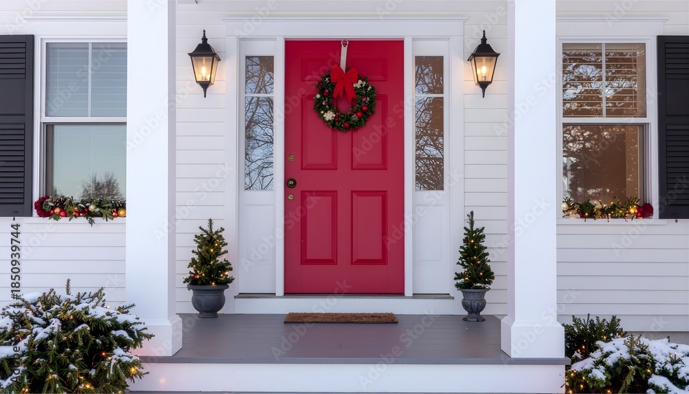 Fototapeta premium A bright red front door decorated with a festive wreath and a red bow. Small lighted evergreen trees sit on the porch, and snow-covered bushes with twinkling lights frame the welcoming white house.