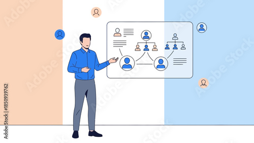 business professional presenting organizational hierarchy diagram during a meeting