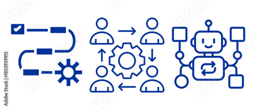 Workflow automation, human collaboration, and artificial intelligence robot integration for business process management and digital transformation concept icon set