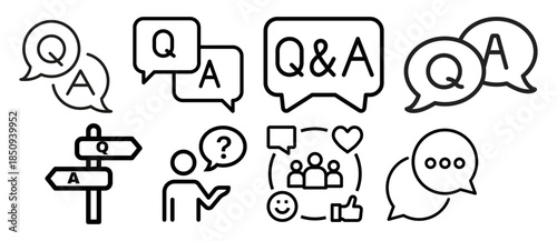 Set of q and a icons, question and answer speech bubbles, faq symbols, customer support and communication line art