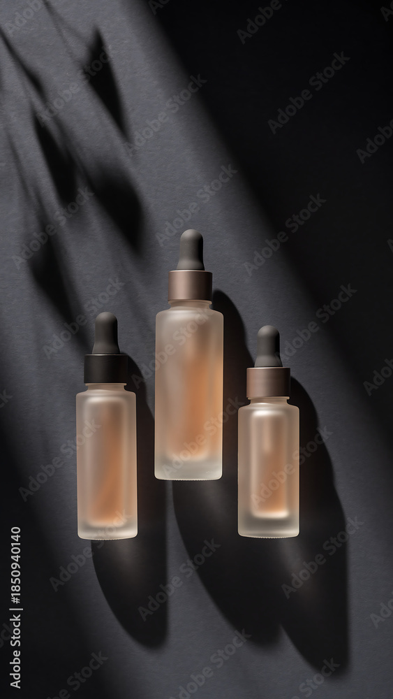 Fototapeta premium 暗背景に並ぶ美容液ボトル 高級感のあるスキンケアイメージ