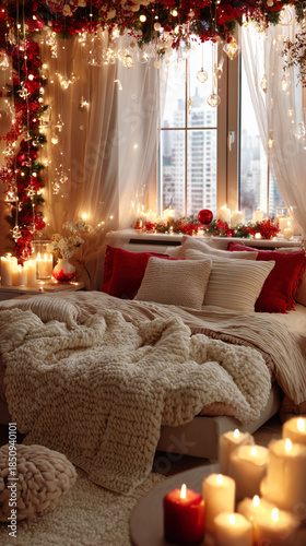 Bright and Elegant Christmas Bedroom Interior with Warm Lights and Festive Decor