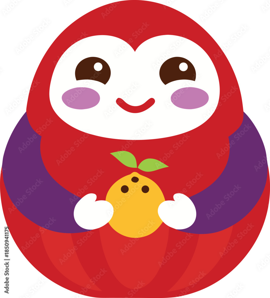 Fototapeta premium Happy red daruma-style character holding a small citrus fruit