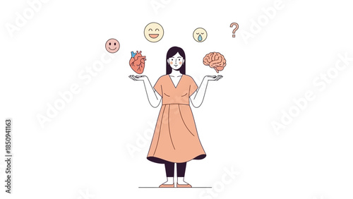 Illustration of a woman balancing emotions and health symbols representing mental wellbeing and