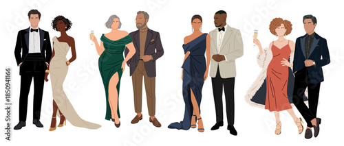 Set of diverse couples wearing elegant formal gowns and tuxedos for event, party, Christmas eve. Modern vector illustration isolated on transparent background