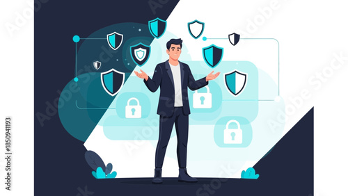 Businessman Securing Digital Data with Shield Icons Representing Cybersecurity Measures