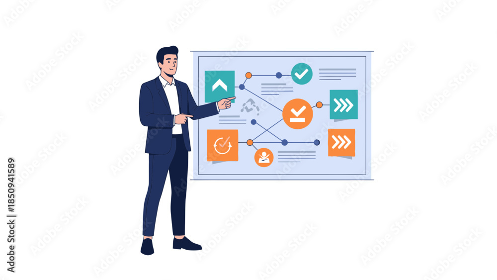 Fototapeta premium Businessman presenting data and analytics on a digital screen with charts and indicators for
