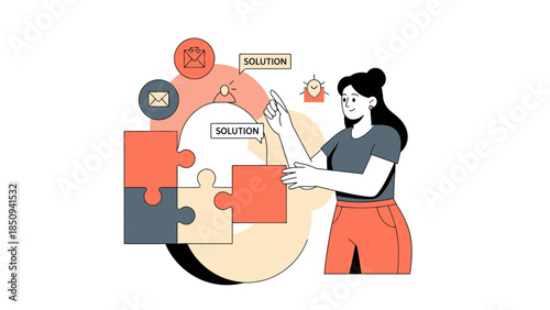 Creative woman assembling puzzle pieces representing communication and solutions in a digital