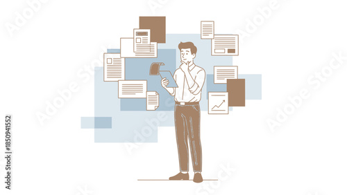 Business Professional Analyzing Data and Documents on a Mobile Device in Modern Office Environment