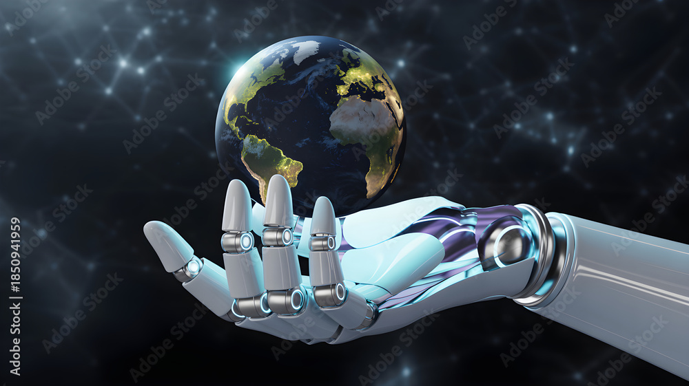 Fototapeta premium Robot hand holding planet earth global future